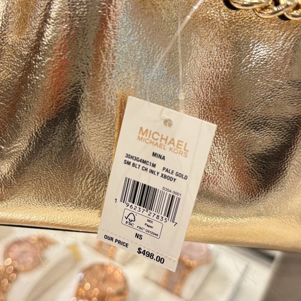 Michael Kors Mina Small Belted Chain Shoulder Crossbody Bag Pale Gold - Picture 10 of 11